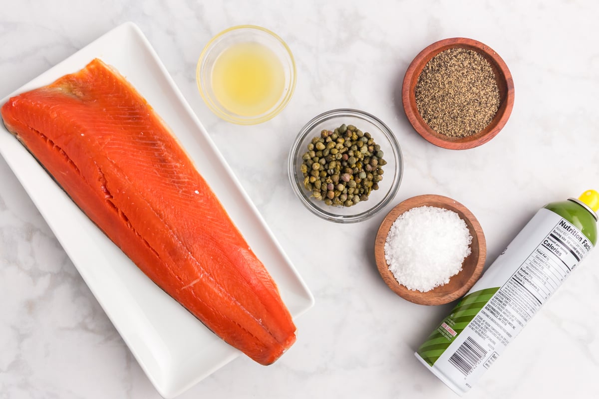 overhead shot of caper lemon salmon ingredients