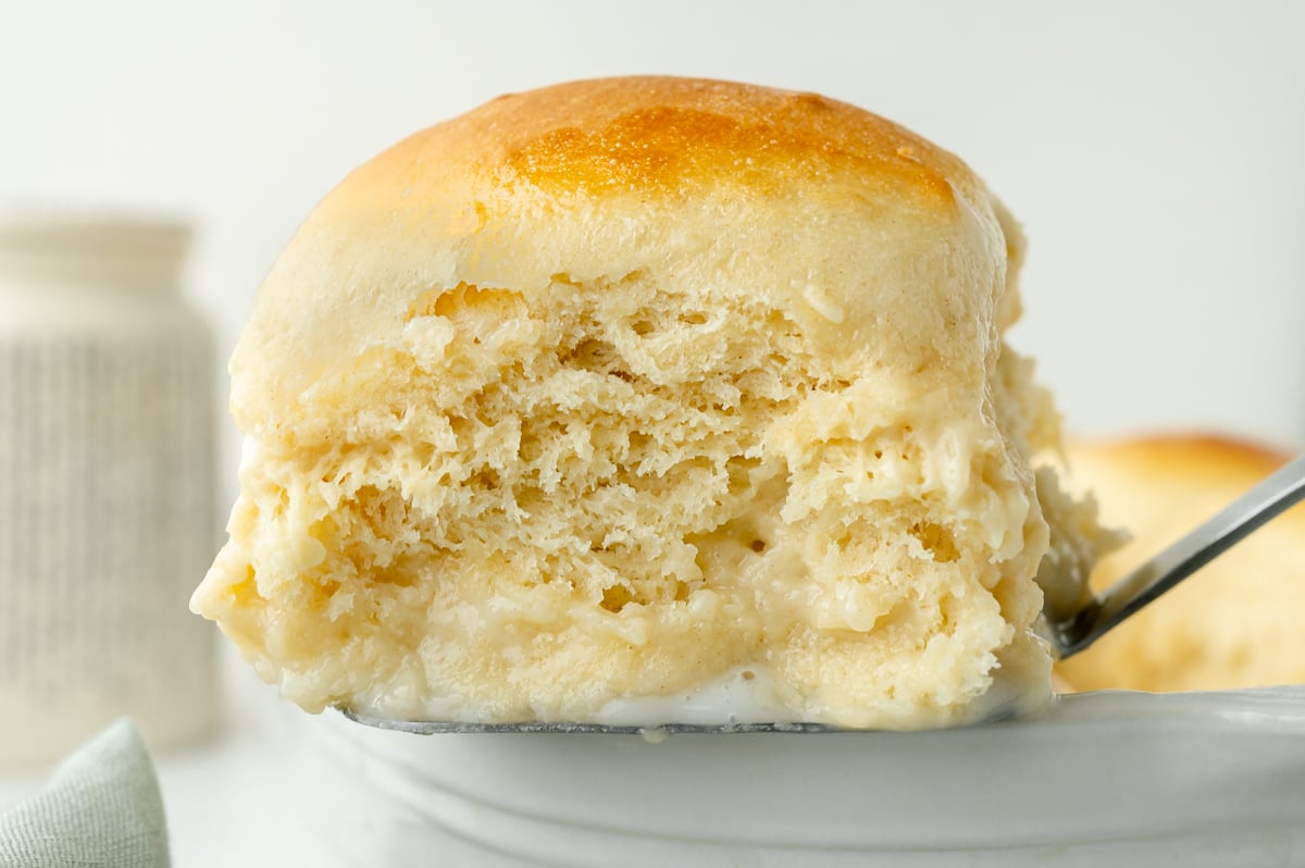 straight on shot of pani popo roll on spatula