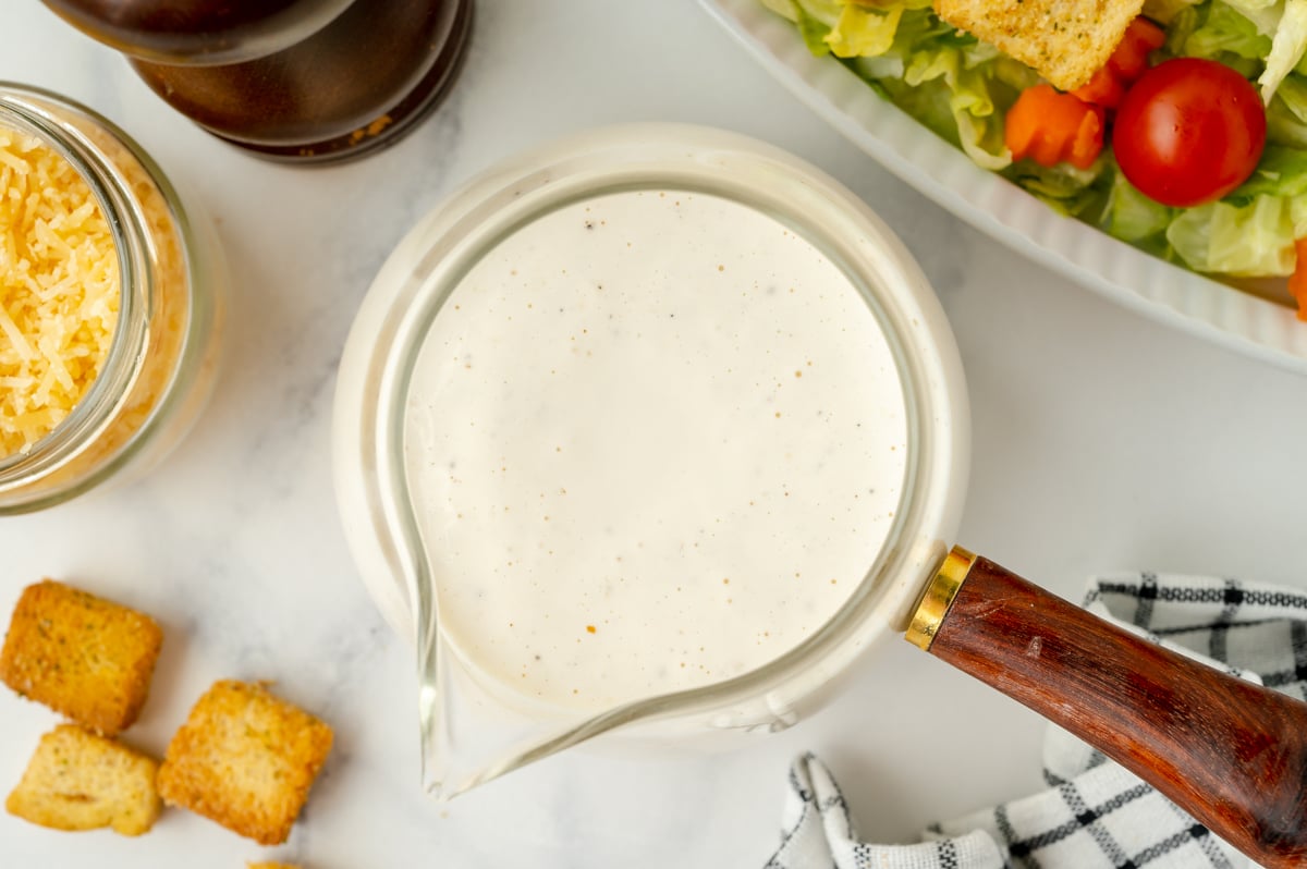 overhead shot of jar of Parmesan Peppercorn Dressing