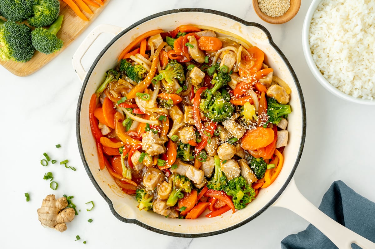overhead shot of pork stir fry in pan