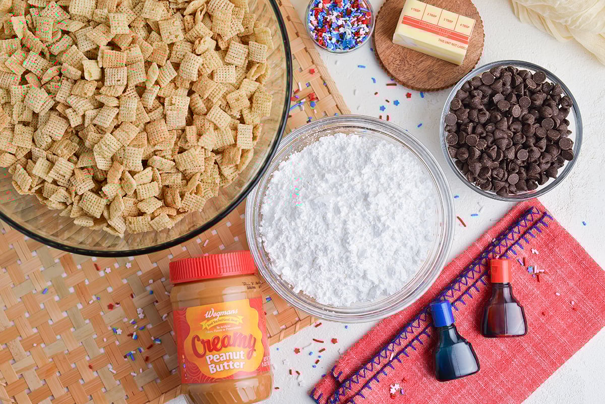 overhead shot of red white and blue puppy chow ingredients
