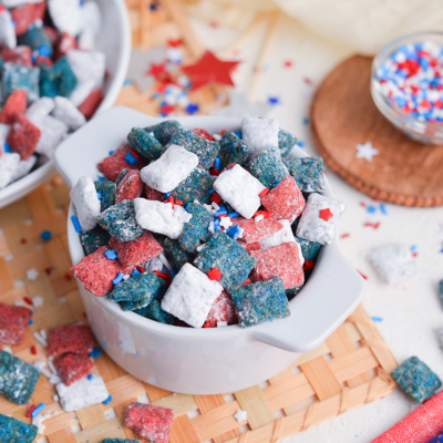 angled shot of small bowl of patriotic puppy chow