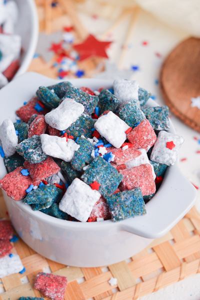 angled shot of small bowl of patriotic puppy chow