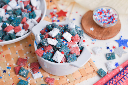 angled shot of small bowl of patriotic puppy chow