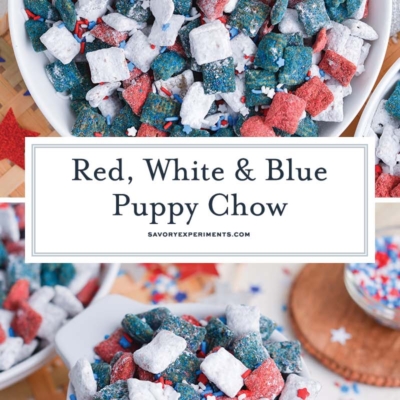 collage of red white and blue puppy chow