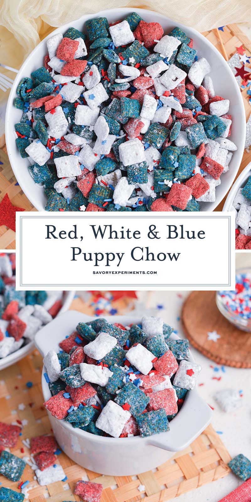 collage of red white and blue puppy chow