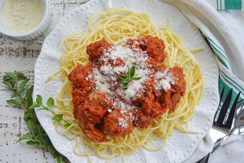 overhead shot of plate of homemade spaghetti and meatballs