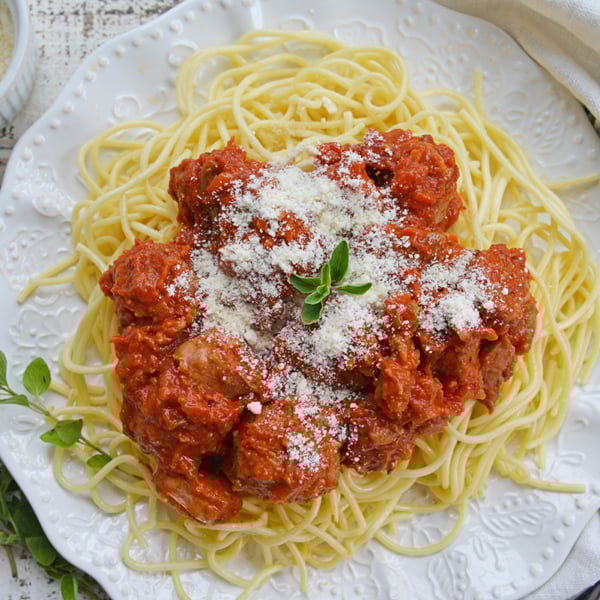 overhead shot of plate of homemade spaghetti and meatballs