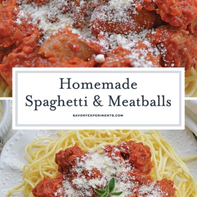 collage of homemade spaghetti and meatballs