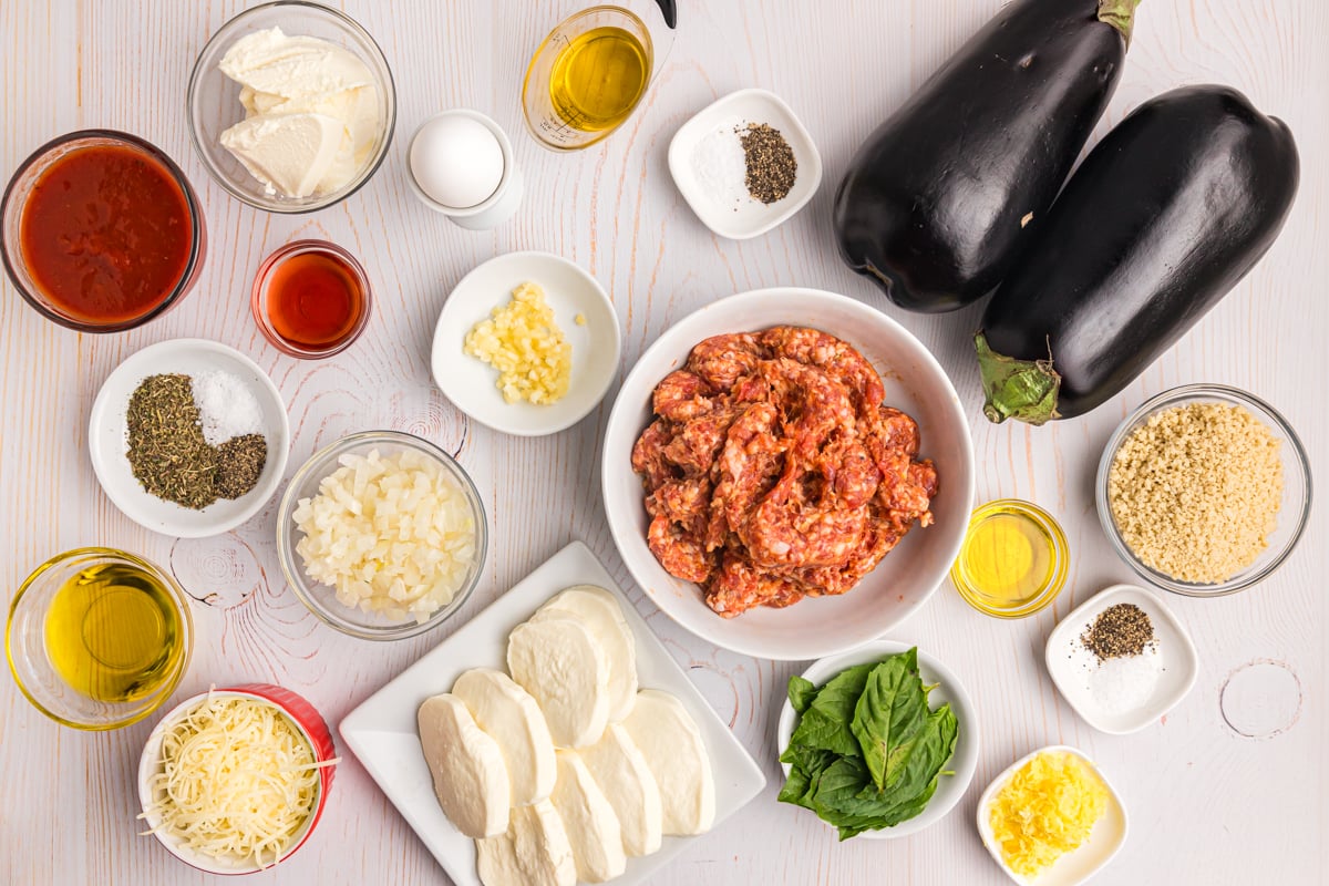 overhead shot of filled eggplant ingredients