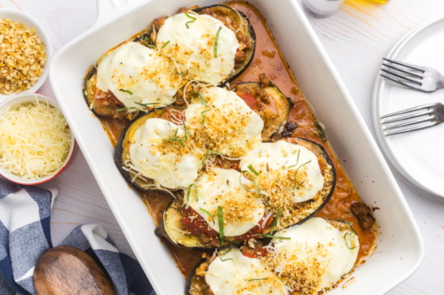 overhead shot of stuffed eggplant in baking dish