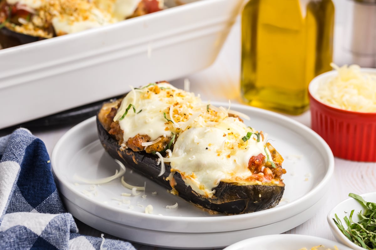 angled shot of filled eggplant on plate