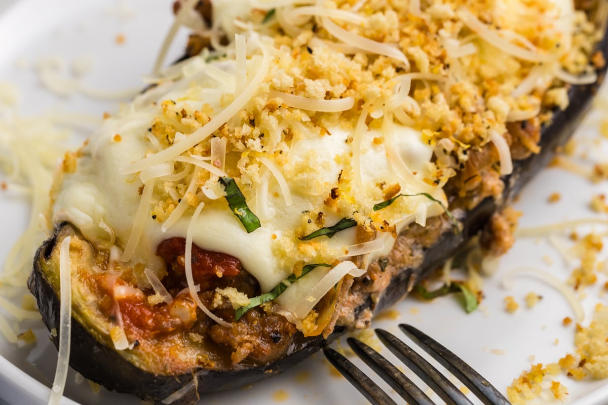 close up angled shot of filled eggplant