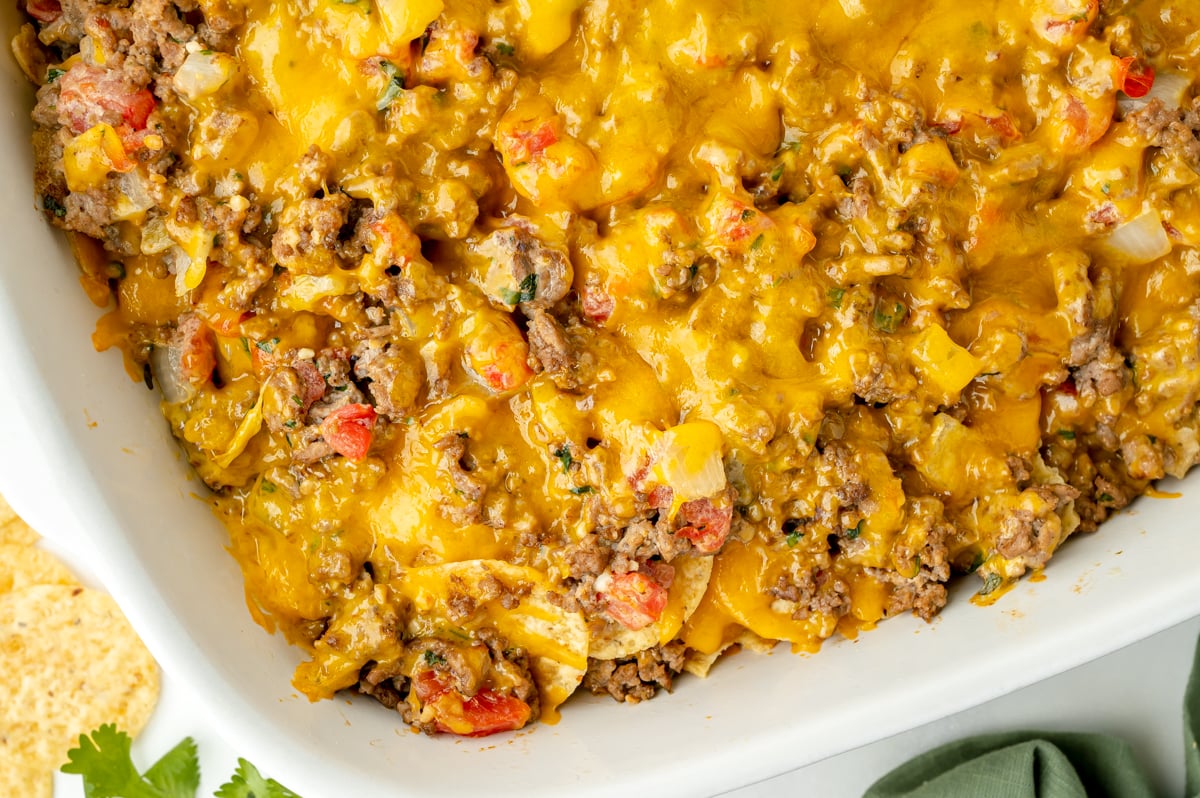 close up overhead shot of corner of taco bake casserole