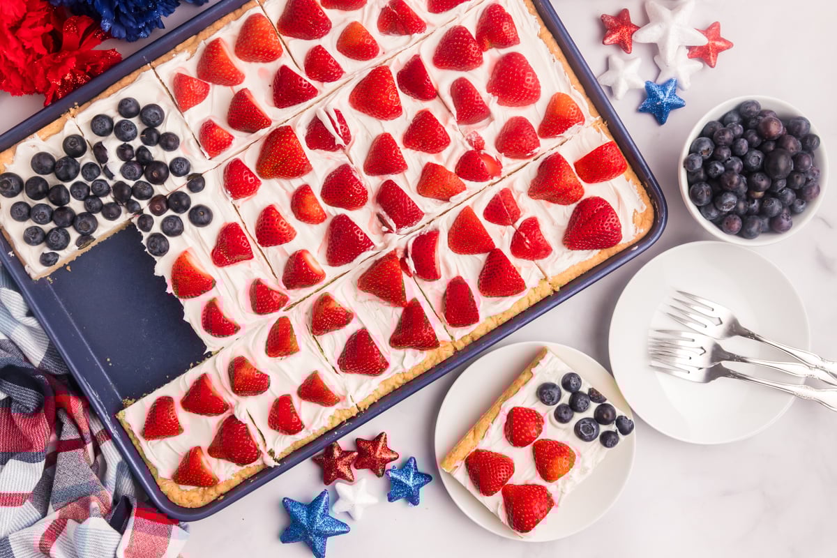 overhead shot of American cookie cake sliced