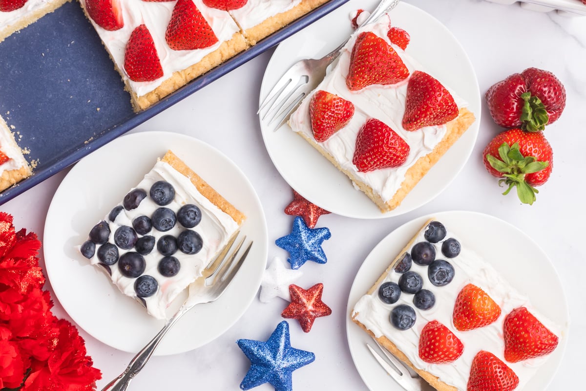 overhead shot of cookie cake slices on plates