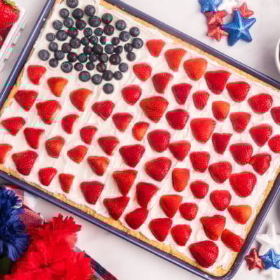 overhead shot of american flag sugar cookie cake in pan