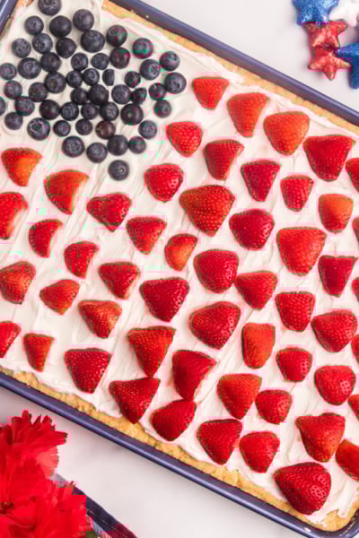 overhead shot of american flag sugar cookie cake in pan