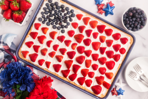 overhead shot of american flag sugar cookie cake in pan