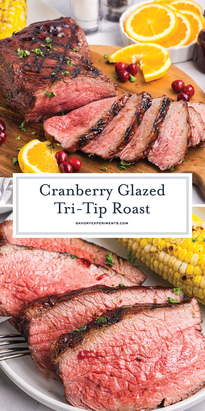 collage of cranberry glazed tri-tip roast
