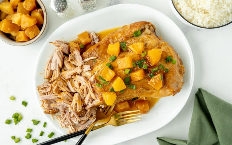 overhead shot of hawaiian pork loin shredded on platter