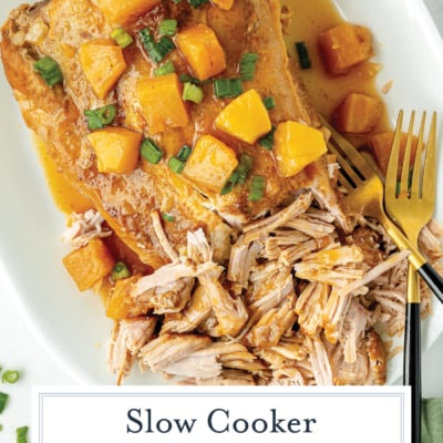 overhead shot of hawaiian pork loin shredded on platter