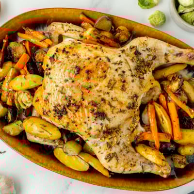 overhead shot of spatchcock chicken in bowl of veggies