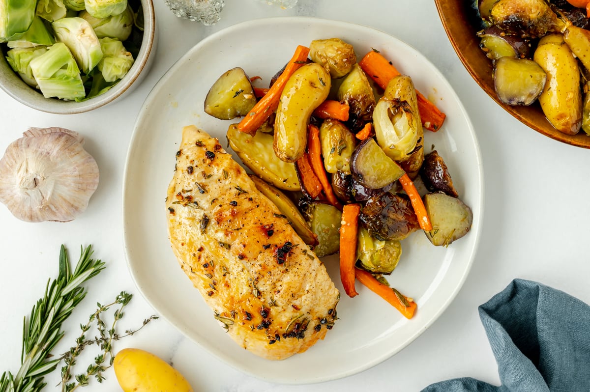 overhead shot of piece of chicken on plate with roasted veggies