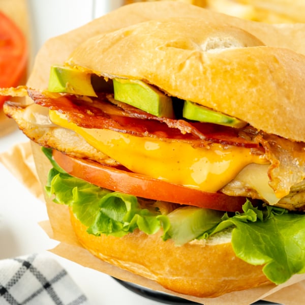 close up angled shot of grilled chicken sandwich