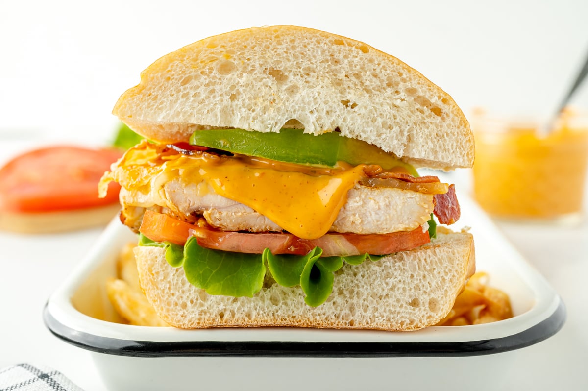 straight on shot of chicken sandwich cut in half