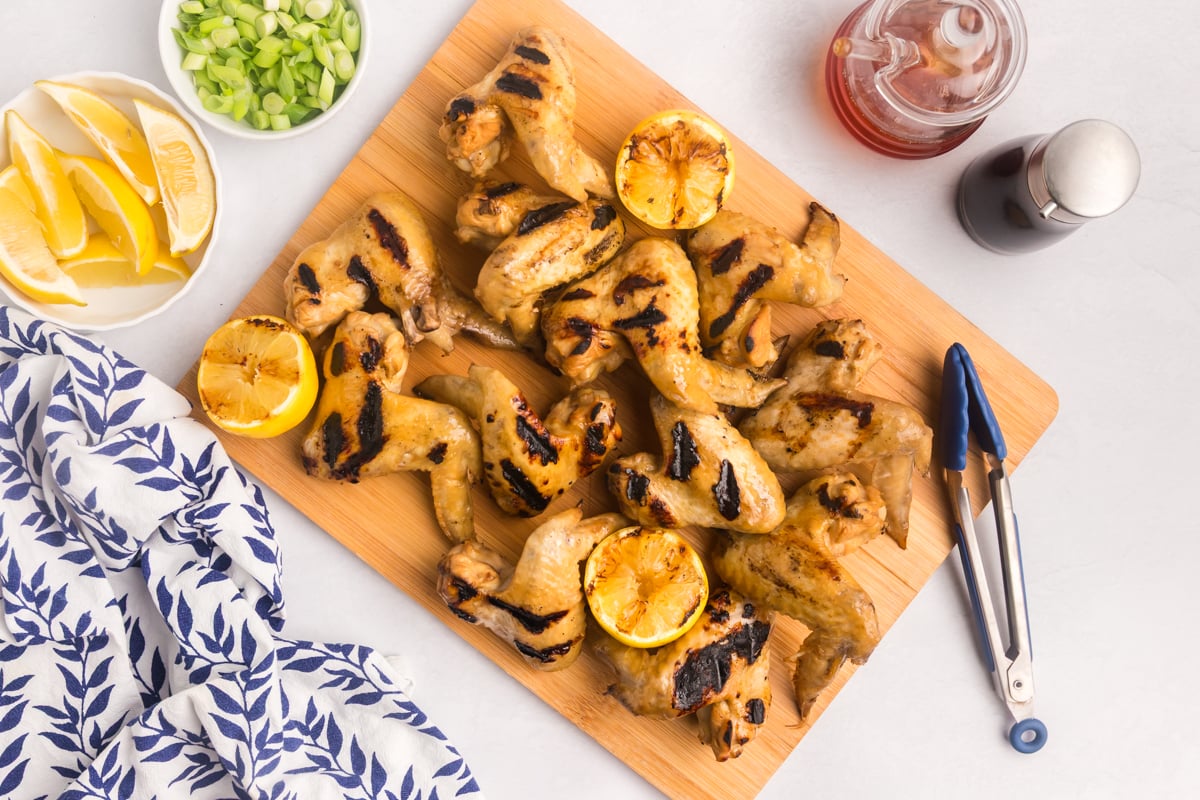 overhead shot of platter of yakitori chicken