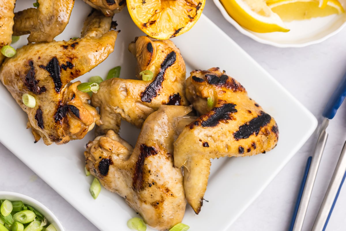 overhead shot of platter of yakitori chicken