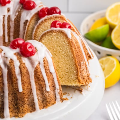 angled shot of sliced bundt cake