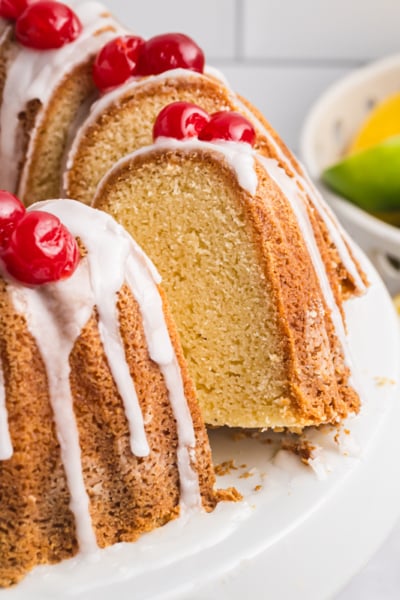 angled shot of sliced bundt cake