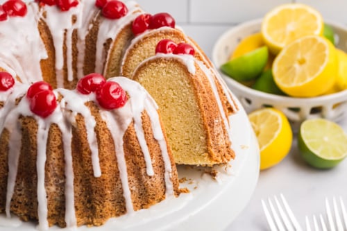 angled shot of sliced bundt cake