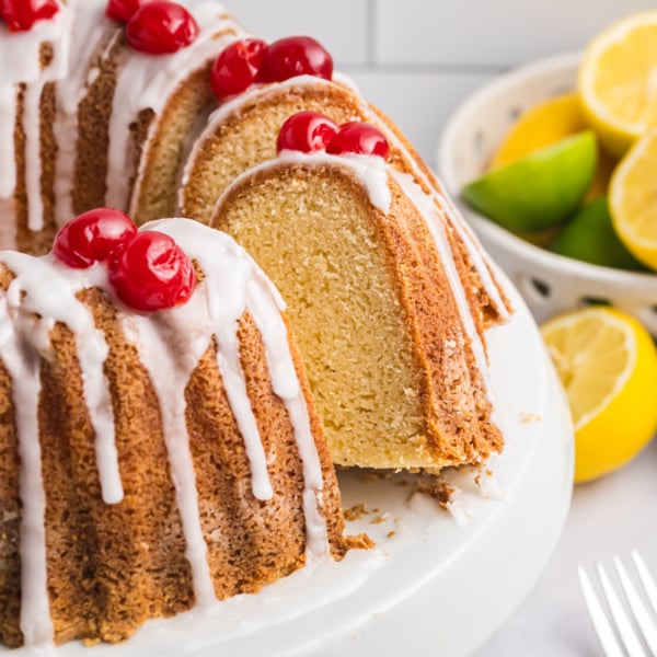 angled shot of sliced bundt cake