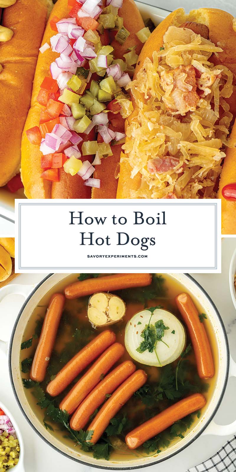 collage of how to boil hot dogs