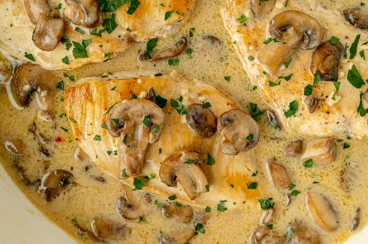close up overhead shot of pan of chicken marsala