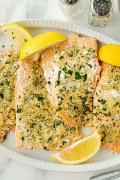 overhead shot of platter of garlic butter salmon