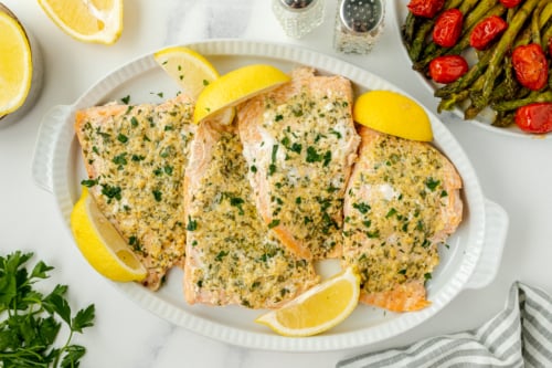 overhead shot of platter of garlic butter salmon