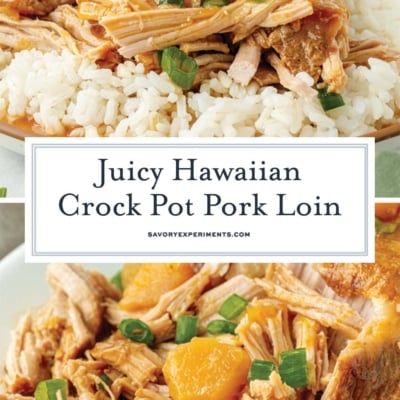 collage of crock pot pork loin with pineapple soy glaze