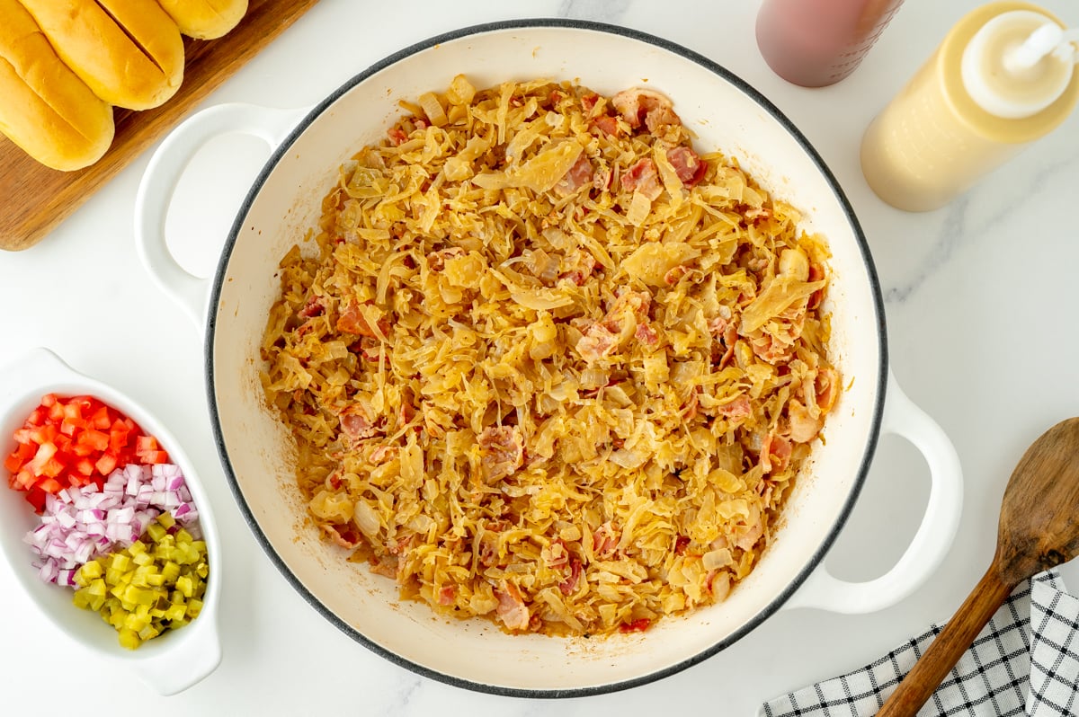 overhead shot of pan beer and bacon sauerkraut