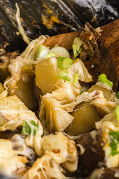 angled shot of wooden spoon in slow cooker cheesy potatoes