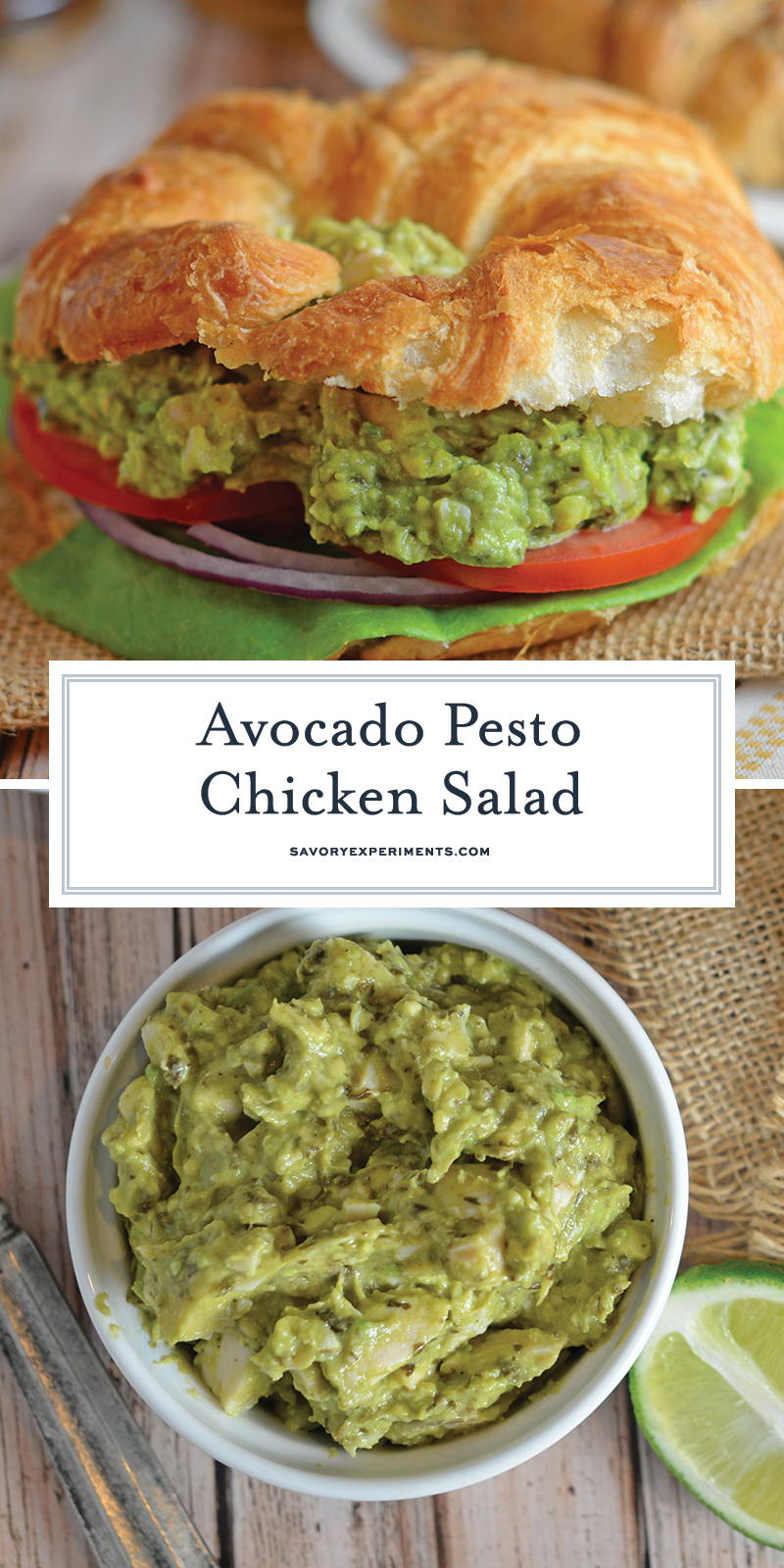 collage of chicken salad made with avocados and text overlay