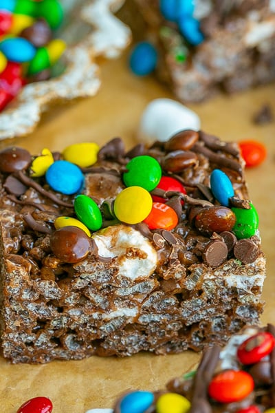 close up angled shot of chocolate rice krispie treat
