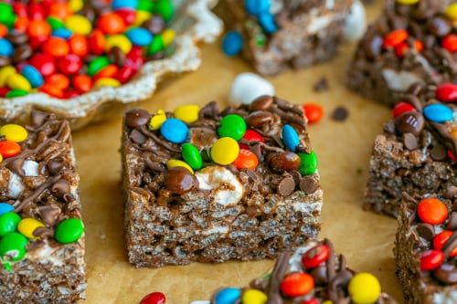 close up angled shot of chocolate rice krispie treat