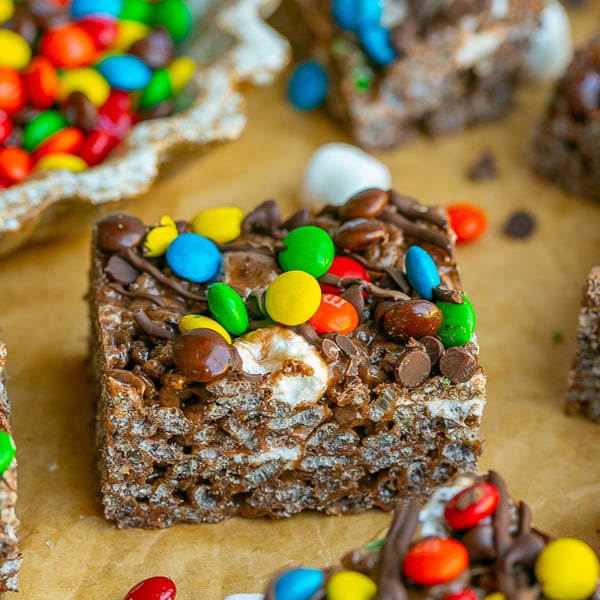 close up angled shot of chocolate rice krispie treat