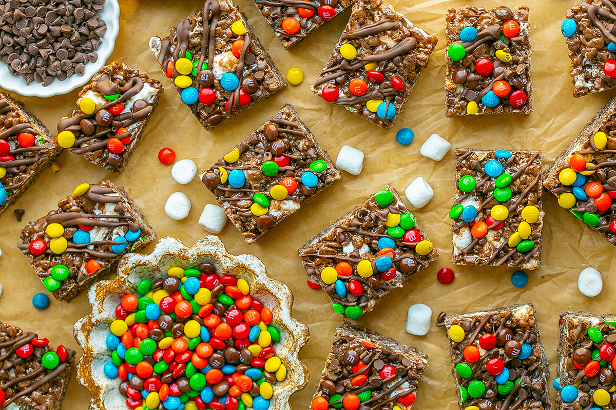 overhead shot of chocolate rice krispie treats