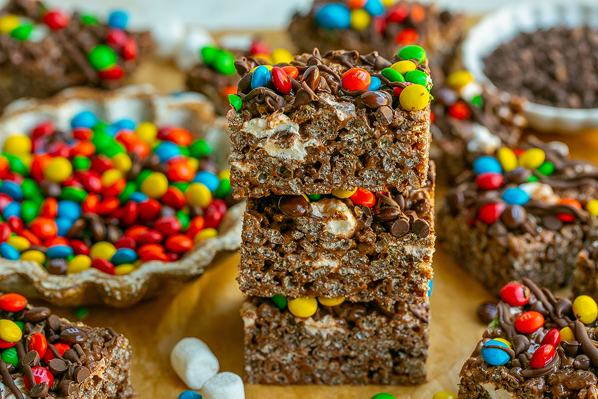 straight on shot of stack of chocolate rice krispie treats