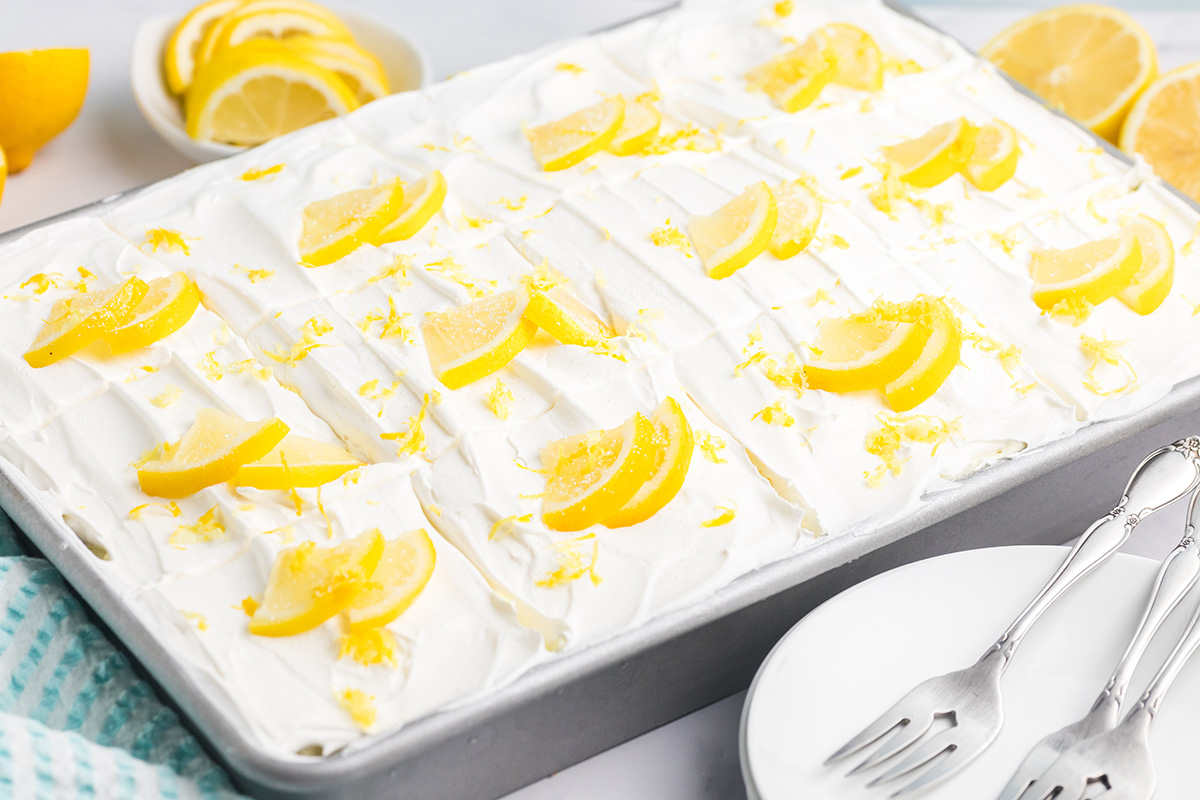 angled shot of pan of lemon dessert